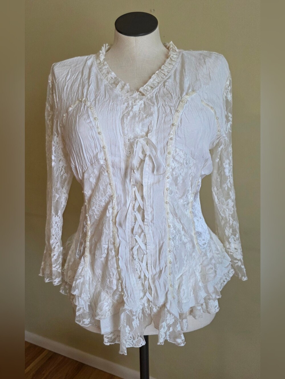 Pretty Angel Vintage Style Silk Linen Blend Ruffle Lace Corset Blouse Boho Chic